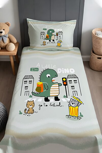 EVPANYA Öğrenci Dinazor Desenli Yatak Örtüsü ve Yastık Kılıfı