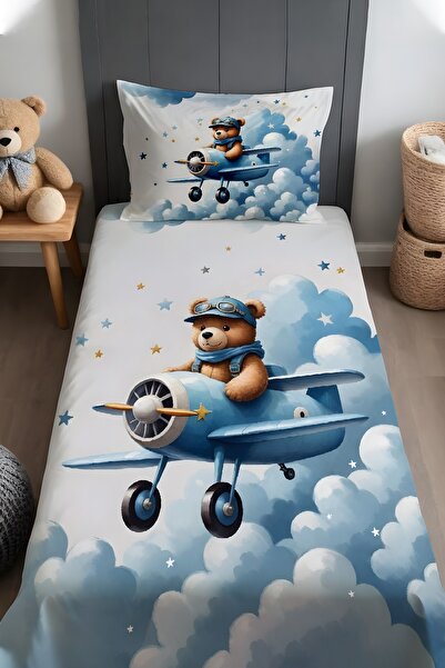 EVPANYA Blue Airplane Teddy Bear Patterned Bedspread and Pillowcase
