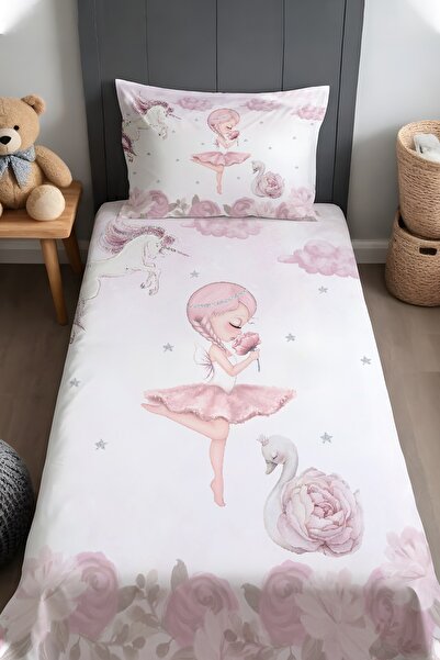 EVPANYA Gümüş Taçlı Balerin Desenli Yatak Örtüsü ve Yastık Kılıfı