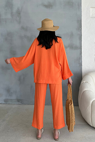 Ortaya Çık Orange Lower Upper V-Neck Seersucker Set