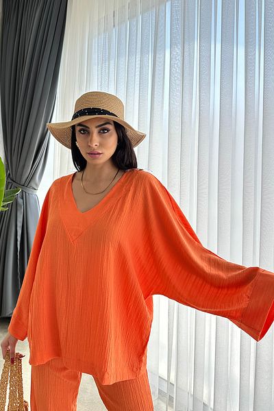 Ortaya Çık Orange Lower Upper V-Neck Seersucker Set
