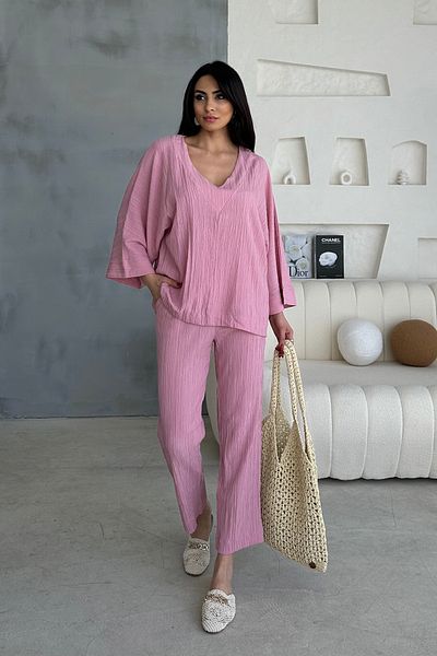 Ortaya Çık Pink Lower Upper V-Neck Seersucker Set
