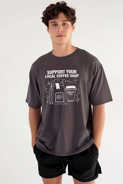 Coredra Tricou supradimensionat pentru cafenea locală pentru bărbați - afumat
