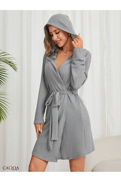 CAQQA Gray Hooded Cotton Women's Dressing Gown and Bathrobe - 4 Season Pike