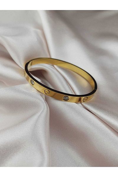Çelik Zircon Stone Gold Colored 316L Cuffed Bracelet
