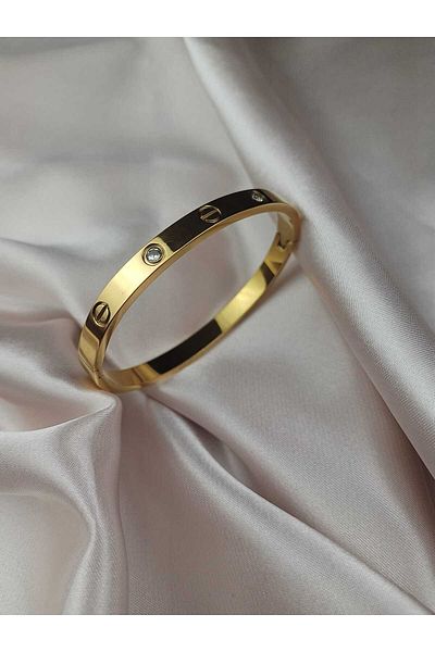Çelik Zircon Stone Gold Colored 316L Cuffed Bracelet