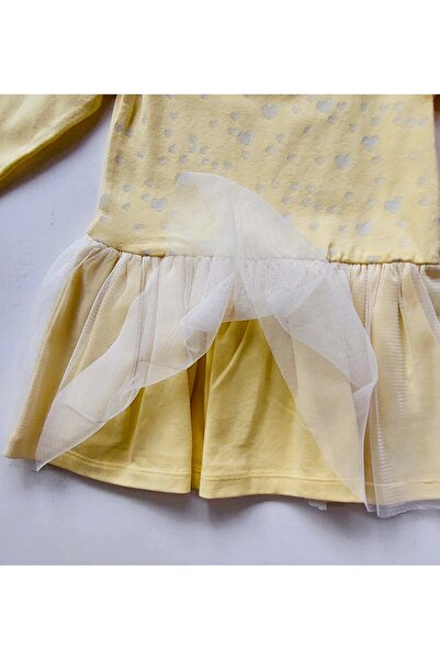 Mamino Küçük Kız Çocuk Bebek Pamuk Cotton Kalp Desenli Tüllü Etekli Sarı Renk Bandanalı Elbise