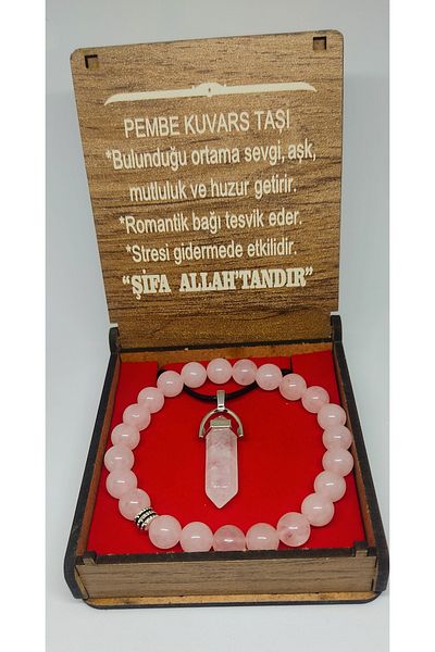herseyvar 2-PIECE PINK CRYSTAL QUARTZ NATURAL STONE NECKLACE BRACELET SET