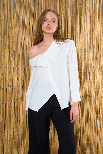 LOOSH Kadın Açık Krem Omuzu Düşük Cut Out Pamuklu Gömlek