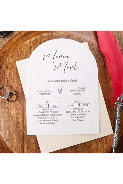 Pixel Davetiye Oval Kesim Krem Davetiye- 100 Adet - Düğün - Nişan - Kına - Sünnet - Nikah Davetiyesi - 7984