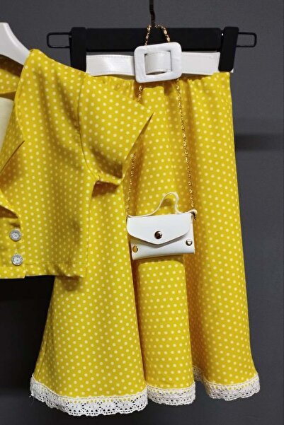 Riccotarz Girl's Polka Dot Button Detailed Yellow Skirt Suit