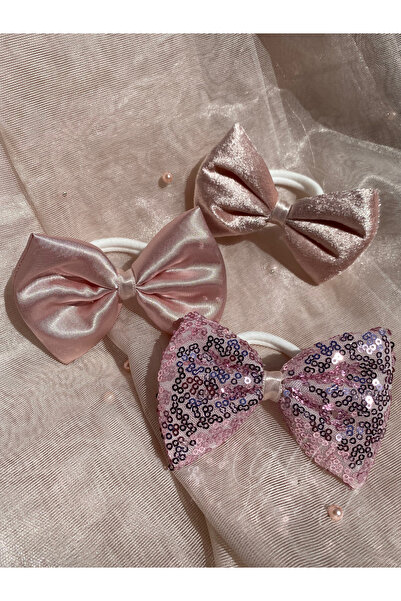 Golden Needle Payetli Kadife Saten Pembe 3'lü Fiyonk Toka Seti El Yapımı Kız ...