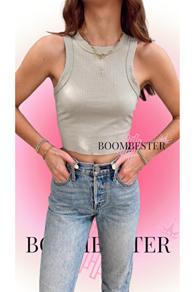 BoomBester Γκρι γυναικείο μπλουζάκι καμισόλε - Αμάνικο, μακρύ κροπ, εσώρουχο κοιλιάς