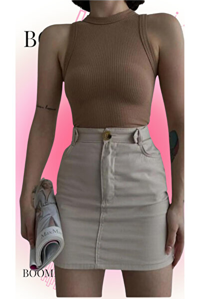 BoomBester Μπισκότο Χρώμα Καμισόλ Γυναικεία Μπλούζα - Αμάνικο, Μακρύ Crop Belly Undershirt