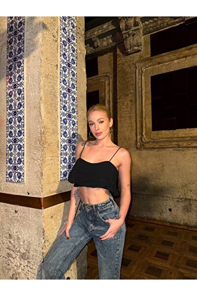 FİOXCO Cămașă neagră Crop pentru femei - cu bretele subțiri și volan