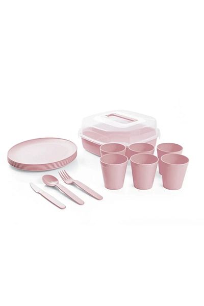 HOLLYHOME 32 Pieces 6-Person Plastic Picnic Set with Lockable Bag Round Plate HH