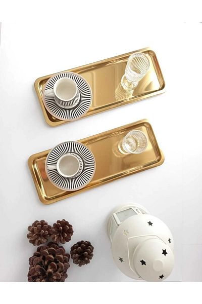dekorasyon garajı 6 Pieces Steel Gold Rectangular Presentation Tray - 33x13 cm