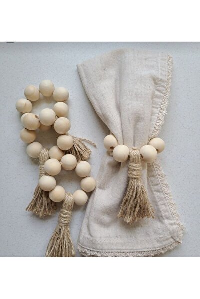 TASARİMECRN 6'lı Püsküllü Naturel Ahşap Boncuklu Peçete Halkası