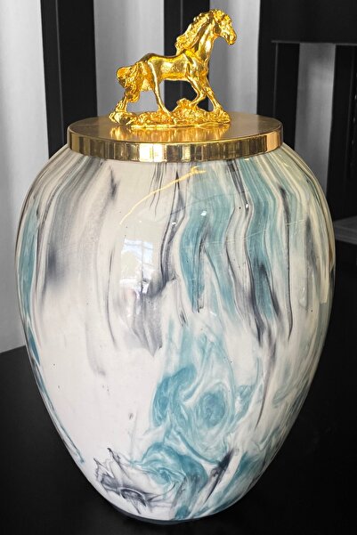 LEMİ DEKORASYON Dekoratif Aslan Gold Kapaklı Küp Vazo 30 cm