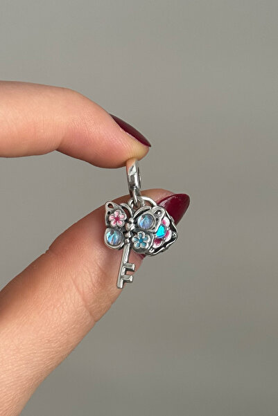 Ceren Hologram Taşlı Kelebek Kilit Charm 925 Ayar Gümüş