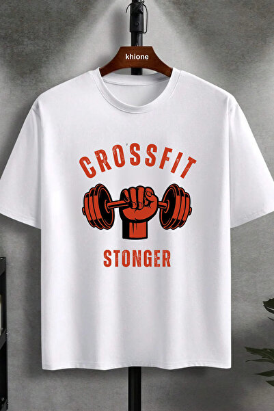 Massgai Tricou oversize, 100% bumbac, cu imprimeu Crossfit Stonger, design un...