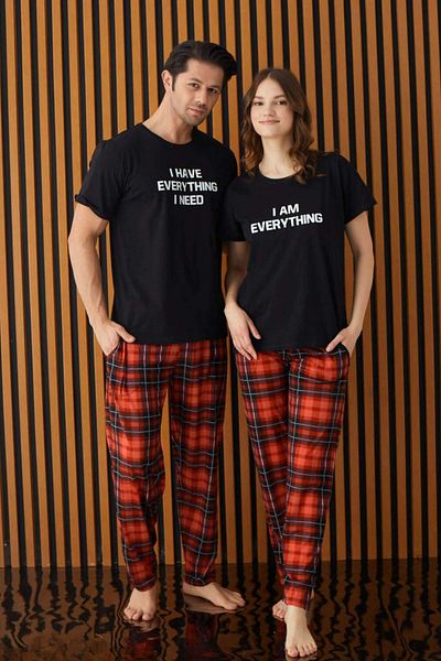 MEBA Woman!!!!!Black Plaid Pattern Bottom Long Dowry Lover Couple Pajamas Set -6