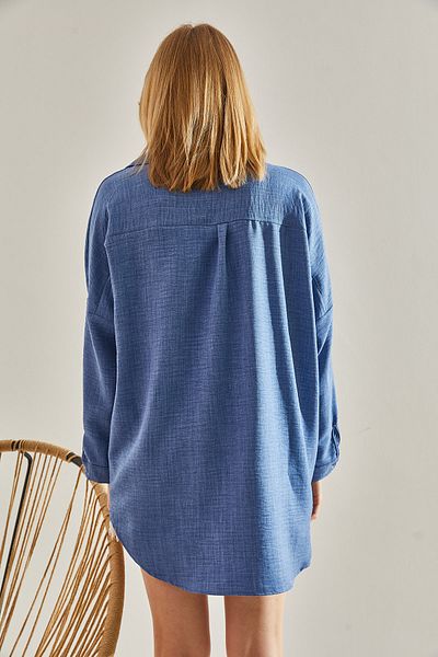 Bianco Lucci Niebieska lniana koszula oversize - detale z frędzlami, haft i haftowane serca60251030