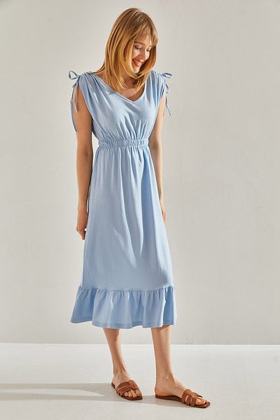 Bianco Lucci Rochie albastră pentru femei, cu decolteu în V, cu tiv cu volane, cu umeri și talie - 60251003