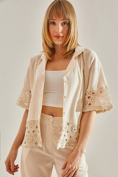 Bianco Lucci Linen Lace Detailed Cream Muslin Shirt - Jacket Collar60251014