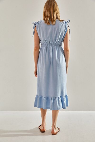 Bianco Lucci Rochie albastră pentru femei, cu decolteu în V, cu tiv cu volane, cu umeri și talie - 60251003