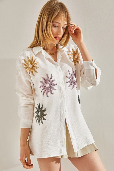 Bianco Lucci White Linen Oversize Shirt - Sun Patterned, Sequin Embroidered60251008