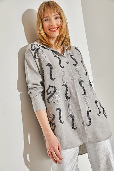 Bianco Lucci Gray Stone Detailed Oversize Women's Shirt -60251032