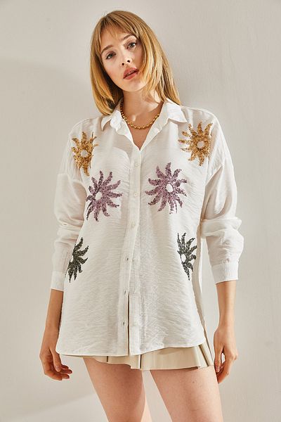 Bianco Lucci White Linen Oversize Shirt - Sun Patterned, Sequin Embroidered60251008