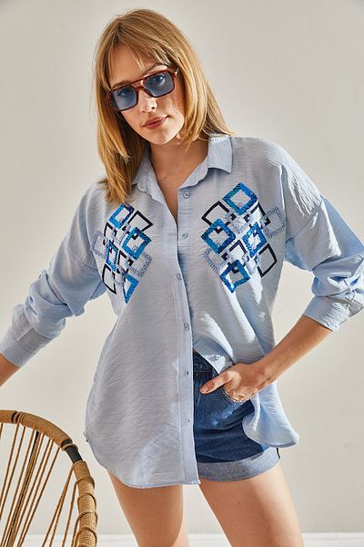 Bianco Lucci Baby Blue Embroidered Women's Oversize Shirt - Stone Detailed60251028