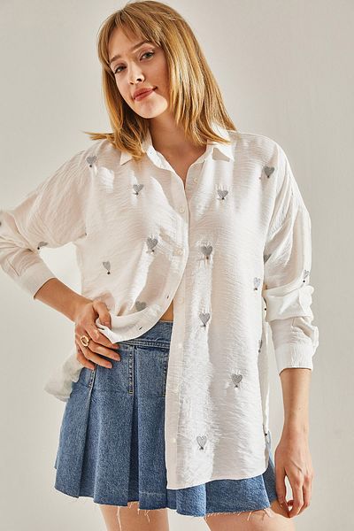 Bianco Lucci Cămașă oversize din in alb - model Airobin brodat cu inimă 60251005