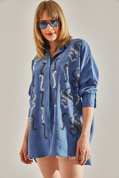 Bianco Lucci Cămașă oversize pentru femei cu detaliu de piatră albastră - 60251032
