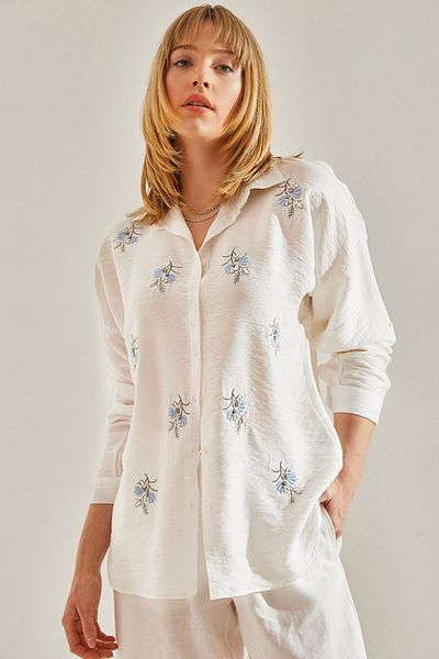 Bianco Lucci Ecru-Baby Blue Embroidered Linen Oversize Shirt - Stone Embroidered, Ayrobin60251025