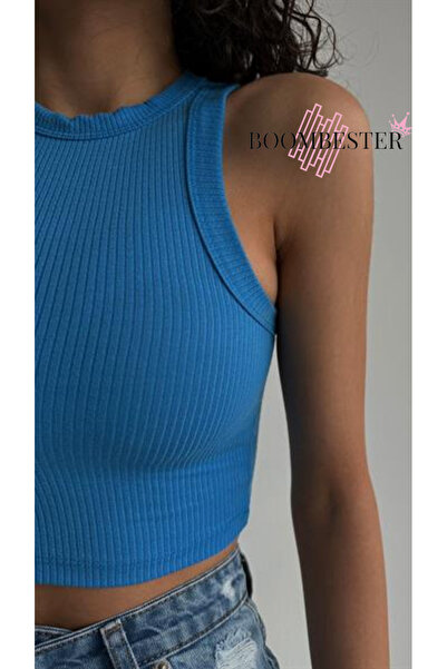 BoomBester Blue Camisole Women's Blouse - Sleeveless, Long Crop, Navel Tank Top