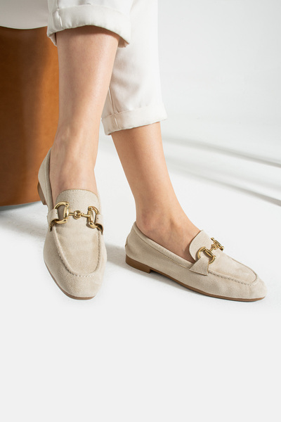 İnan Ayakkabı Beige Suede Colored Buckle Detailed Women's Loafer
