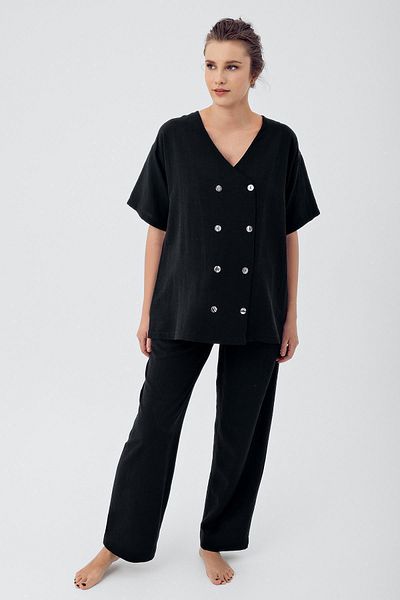 Artış Linen Short Sleeve Oversize Maternity Shirt Adjustable High Waist Pants Set