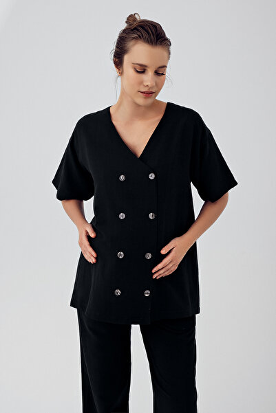 Artış Linen Short Sleeve Oversize Maternity Shirt Adjustable High Waist Pants Set