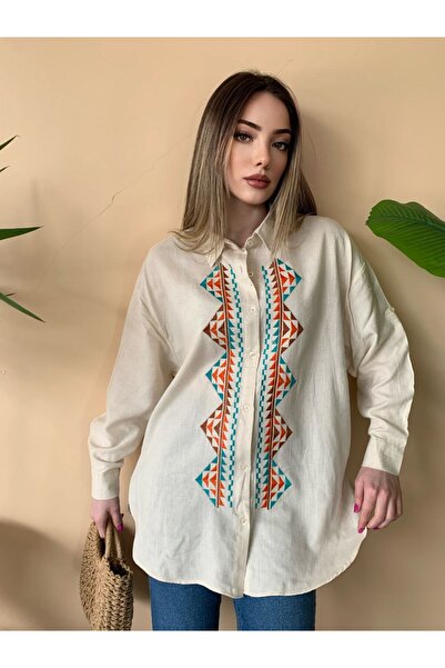 BAJAR OWERSİZE NAKIŞLI KETEN GÖMLEK