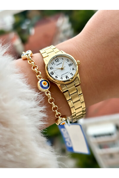 Casio Çelik Kordon Rakamlı ,Takvimli, Minimal Kasa, Gold Kadın Kol Saati+Bileklik