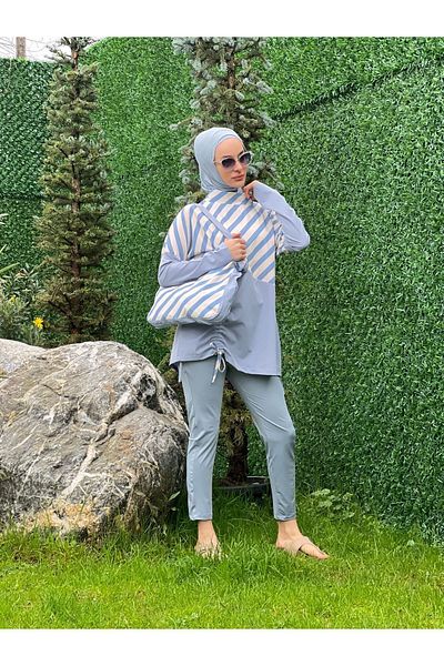 ButikKardelen Camellia Patterned Hijab Swimsuit - 5 Pieces with Bag 10365