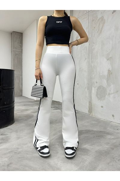 BİKELİFE High Waist Black Striped Women's Leggings Trousers - Recovery Flare Leg