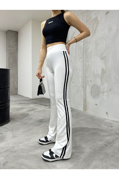 BİKELİFE High Waist Black Striped Women's Leggings Trousers - Recovery Flare Leg