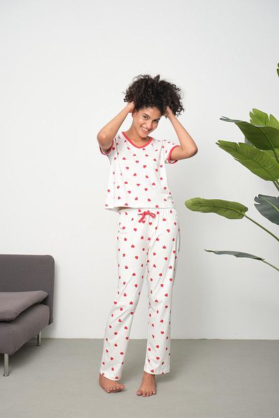 ESPİNA Women's Metraj Printed Cotton Knitted Heart Pajama Set