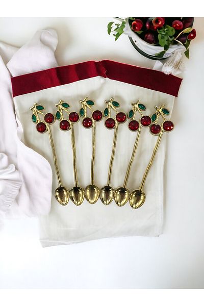 CHANCE GİFT Cherry Tea Spoon Set of 6 Gold Cherry Coffee Tea Presentation Spoons Gift Spoons Decorative Spoon