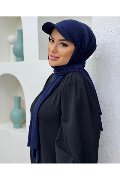 Sahra Şal Dünyası Şapkalı Boneli Hazır Şal Hijab Lacivert