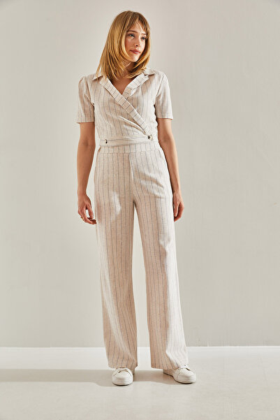 Bianco Lucci Set pantaloni Palazzo cu guler dublu și detaliu nasturi - spate elastic 60251040